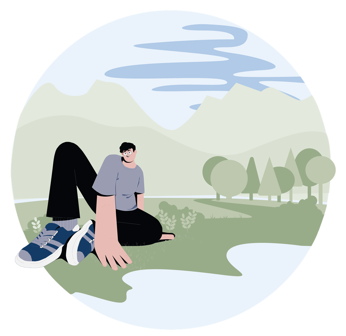 Ung mann sitter ute på gresset på en fin dag - Klikk for stort bilde