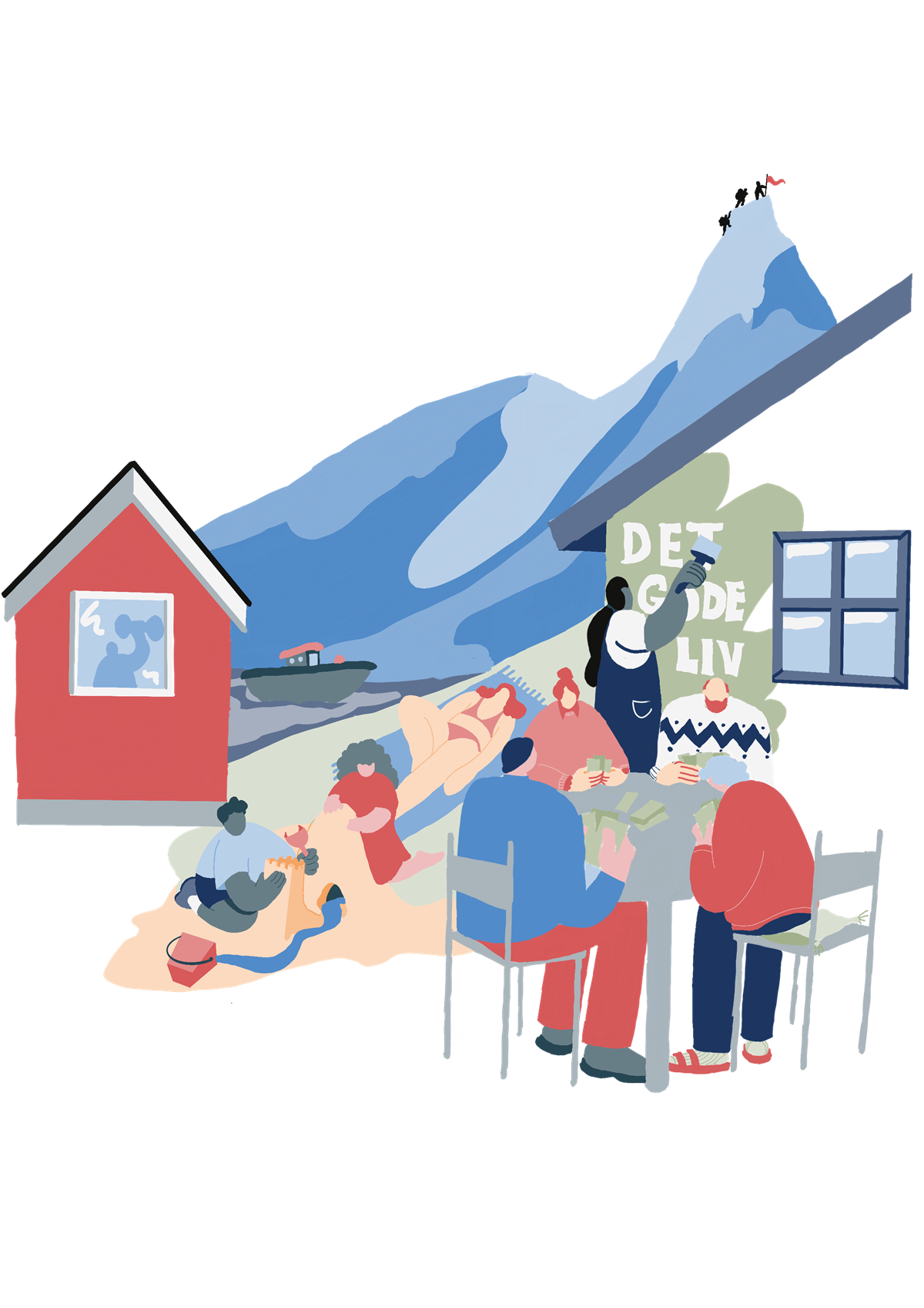 En gjeng mennesker gjør ulike aktiviteter utendørs - Klikk for stort bilde