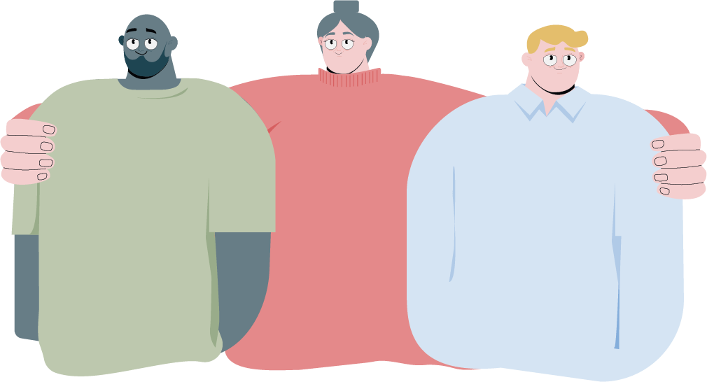 Tre illustrerte mennesker står sammen, to menn og en kvinne i midten, hun holder rundt de to mennene - Klikk for stort bilde