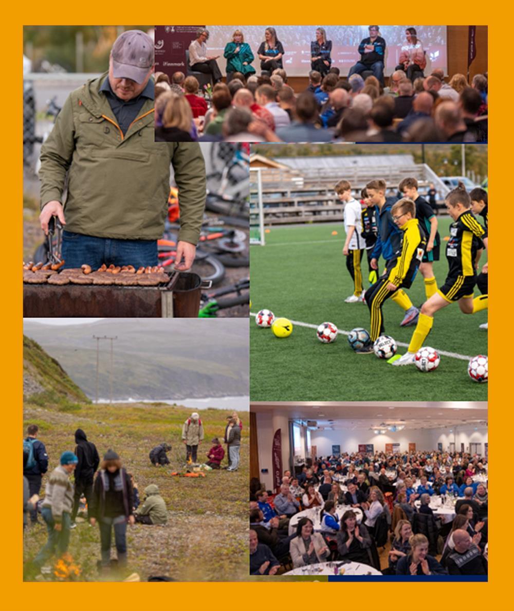 Collage av ulike fritidsaktiviteter: Fotball, grilling, bål, og selskapslokale. Fra Hålogaland fotballkrets. - Klikk for stort bilde